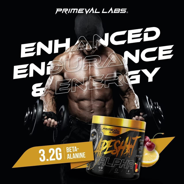 Primeval Labs Ape Alpha Natural Pre Workout Powder, Boost Energy, Increase Endurance and Focus, Beta-Alanine, 350Mg Natural Caffeine Extract, Nitric Oxide Booster, Cherry Lemonade, 40 Servings