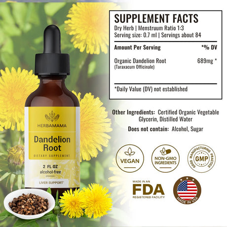 HERBAMAMA Dandelion Root Liquid Extract 2 Fl Oz- Organic Tincture for Immune Support