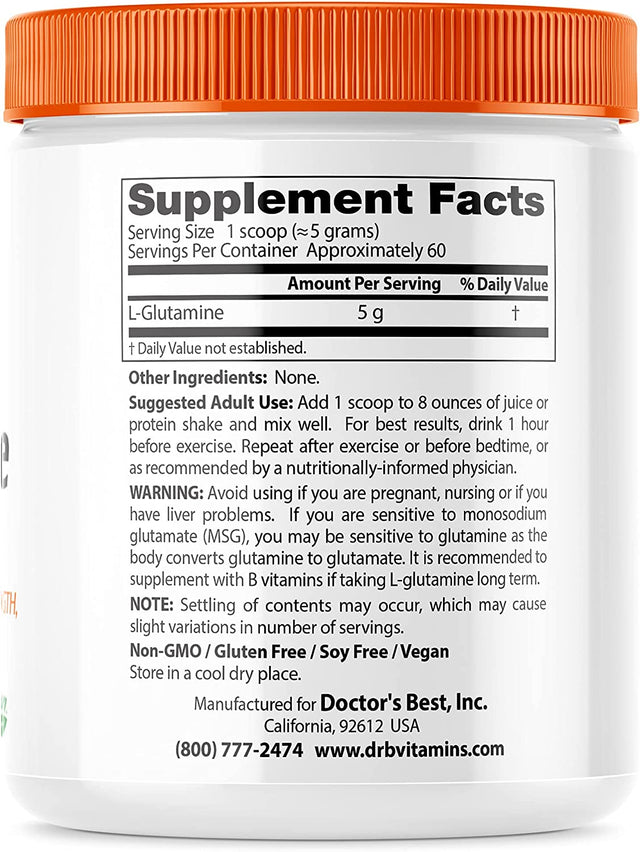 Doctor'S Best Pure L-Glutamine Powder, Supports Muscle Mass, Strength & Post-Workout Recovery, Amino Acid, 300G