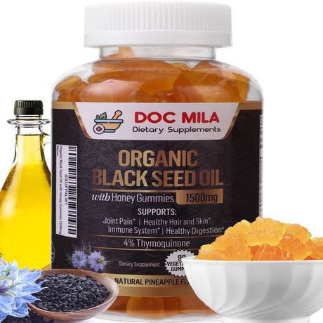 Doc Mila Organic Black Seed Oil Gummies 1500Mg - 4% Thymoquinone, Pineapple Flavor - Gluten Free, Vegetarian Capsules, Soy Free & Non-Gmo - 90 Gummies