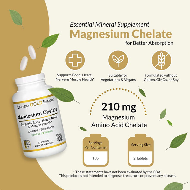 California Gold Nutrition Magnesium Chelate, 210 Mg, 270 Tablets