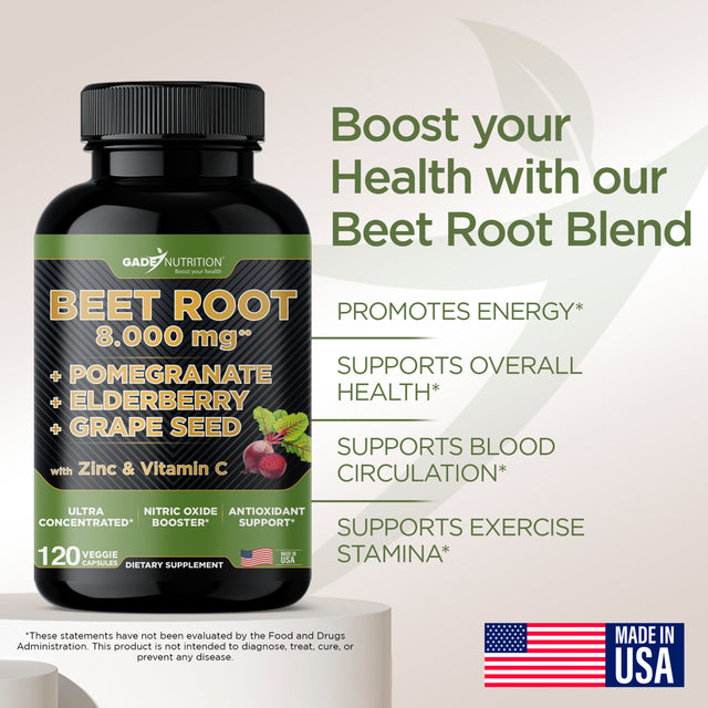 Beet Root Powder Capsules 20X Concentrated 8000Mg Extra Strength Formula, Beetroot Extract, Elderberry with Vitamin C and Zinc, Pomegranate, Grape Seed, Nitric Oxide Supplement - Non-Gmo - USA Made.