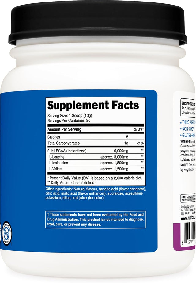 Nutricost BCAA Powder (Grape, 90 Servings) - Optimal 2:1:1 Ratio, Vegetarian, Non-Gmo