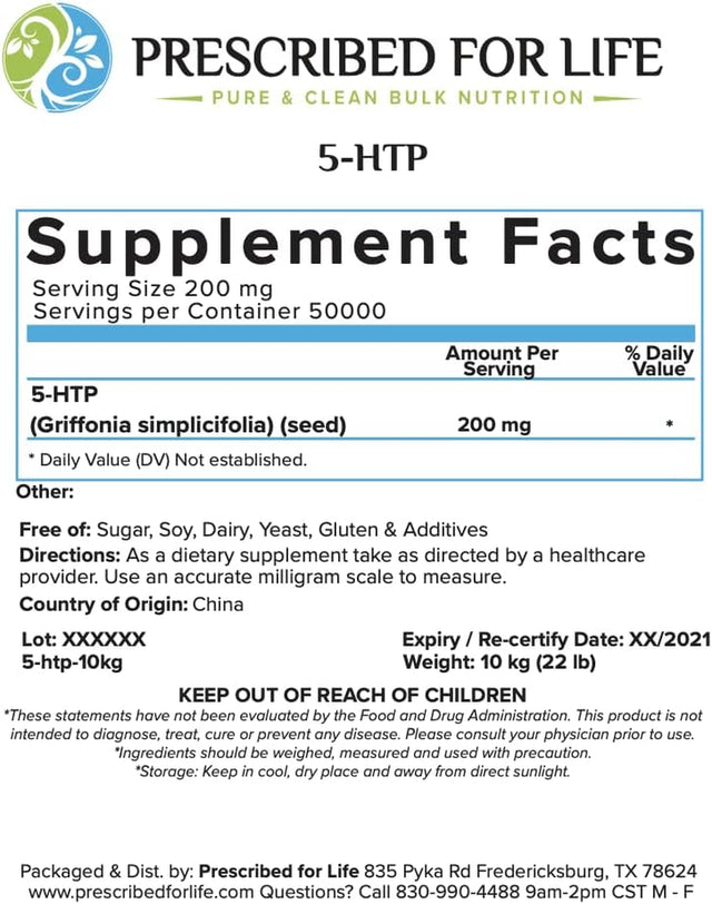 Prescribed for Life 5-HTP Powder | Pure 5-Hydroxytryptophan Powder | Natural, Unbleached, Gluten Free, Vegan, Non-Gmo, Soy Free, Kosher, No Fillers | Griffonia Simplicifolia, 2 Oz (57 G)