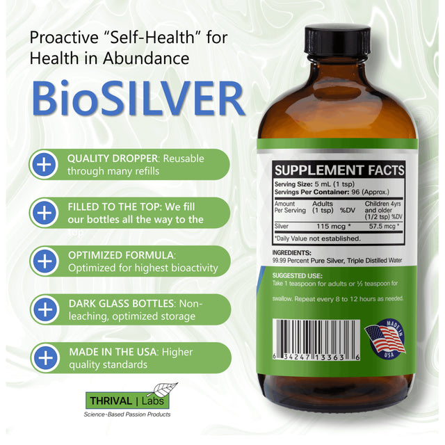 Biosilver Optimized 20 PPM Bio-Active Ionic Silver Liquid Solution in 16 Oz. Dark Glass Bottle by Thrival Labs | Nano Ions and Particles for Superior Immune Support (96 Servings) - Economy S