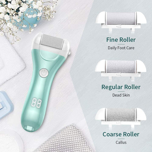 Callus Remover, Rechargeable Electronic Feet File Hard Skin Remover IPX7 Waterproof Pedicure Tool for Cracked Heels and Dead Skin, with 3 Coarse Roller Heads Foot Rasp (Green)