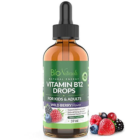 Bio Naturals Vitamin B12 Liquid Drops for Adults & Kids - 100% Natural Sublingual Methylcobalamin - Highest Absorption - Energy & Brain Booster Helps with Fatigue & Weakness - Wild Berry - 2 Fl Oz