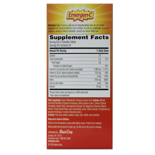 Emergen-C 1,000 Mg Vitamin C Dietary Supplement Orange Blast Chewables 40 Tablets Pack of 2