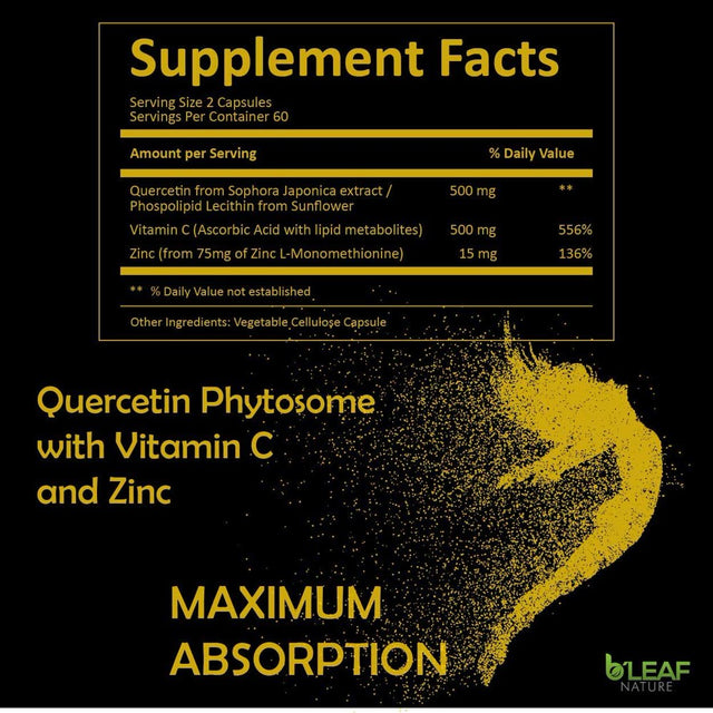 Quercetin Phytosome with Vitamin C and Zinc - 120 Vegetarian Caps - Super Absorption - Supports Immune, Respiratory and Cardiovascular Health – Powerful Antioxidant - 1000Mg per Serving