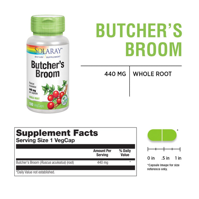 Solaray Butchers Broom 440 Mg | Healthy Circulation & Blood Vessel Integrity Support | Non-Gmo, Vegan & Lab Verified | 100 Vegcaps