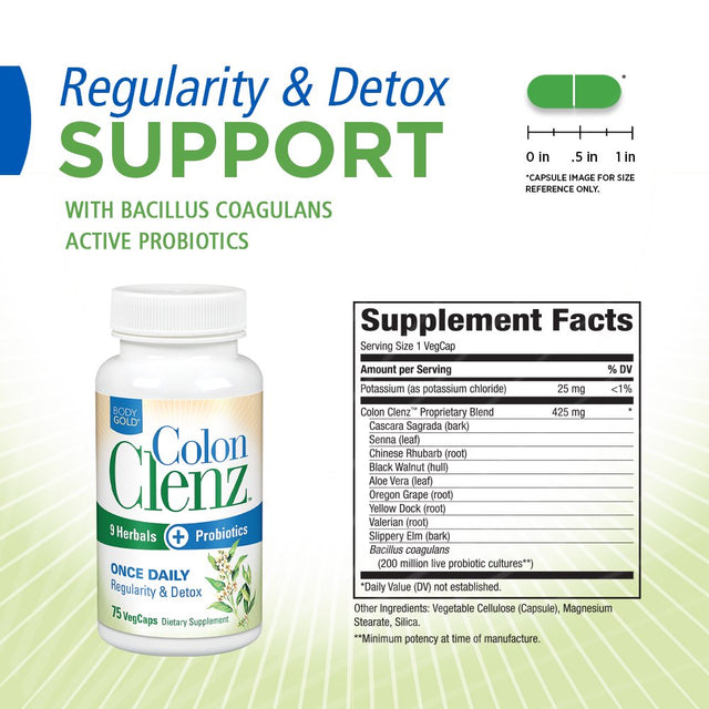 Fast-Acting Colon Clenz Body Detox Capsules, 75 Ct, by Bodygold Herbal Colon Formula