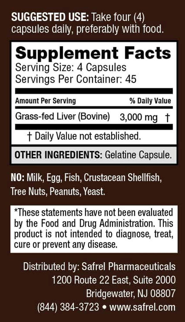 Safrel Grass Fed Desiccated Beef Liver Capsules – Pasture Raised – Undefatted 750Mg Each | No Fillers | Natural Iron, Vitamin A, B12 for Energy | Non-Gmo | Hormone & Pesticide Free | Gluten-Free