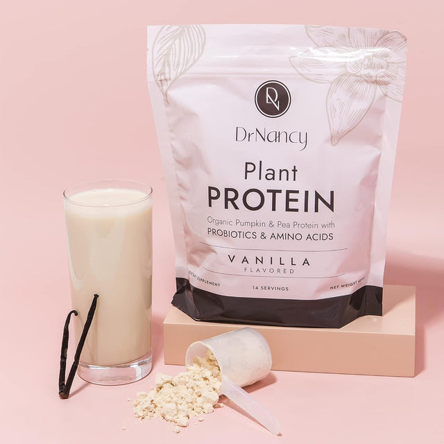 Plant Protein Vanilla by Dr. Nancy MD (14 Servings, 33.3G), 20G Pea and Pumpkin Protein, with Added L-Glutamine & Probiotics