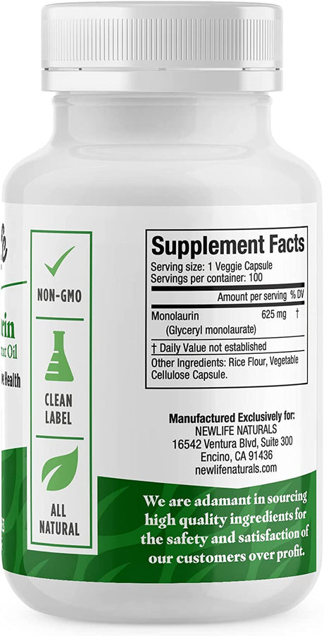 Newlife Naturals Monolaraurin Dietary Supplement - 625Mg Monolaurin Lauric Acid for Immune System and Digestive Health - 100 Vegetable Capsules