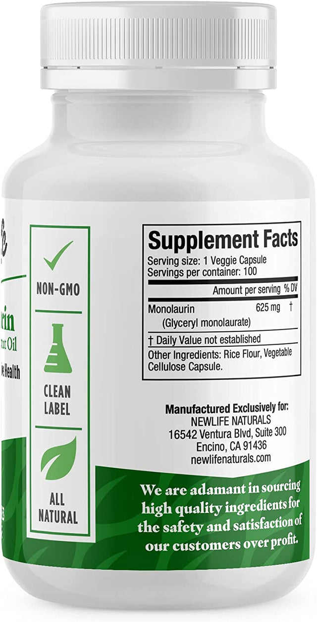 Newlife Naturals Monolaraurin Dietary Supplement - 625Mg Monolaurin Lauric Acid for Immune System and Digestive Health - 100 Vegetable Capsules