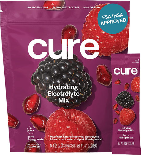 Cure Hydrating Plant Based Electrolyte Mix | FSA & HSA Eligible | Powder for Dehydration Relief | Made with Coconut Water | Non-Gmo | No Added Sugar | Vegan | Pouch of 14 Packets - Berry Pomegranate