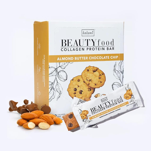 Kalumi Beautyfood Collagen Protein Bars | Almond Butter Chocolate Chip, 9-Count Box | 8000Mg Collagen, 13G Premium Protein | Gluten-Free Protein Bars, MCT Brain Boost