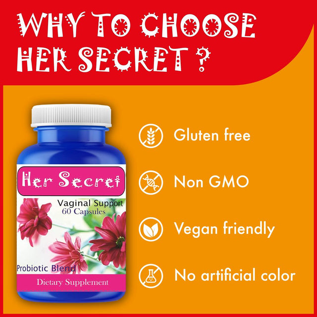 Her Secret Natural Probiotics for Women, Vaginal Probiotics – 5 Billion CFU Probiotic Blend – Vegan-Friendly and Non-Gmo – Women Probiotic for Odor Control & Ph Balance 60 Count