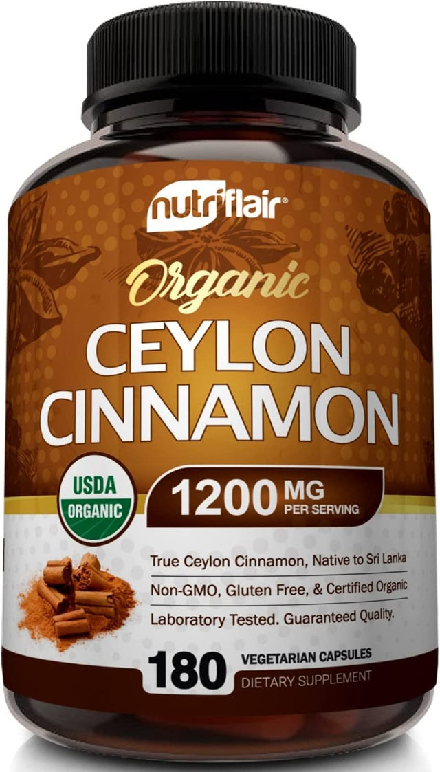 Nutriflair Organic Ceylon Cinnamon Supplement 1200Mg, 180 Capsules - USDA Certified Organic Cinnamon - Non-Gmo, Gluten Free Cinnamon Powder, Antioxidant Cinnamon Pills - Supports Glucose Metabolism