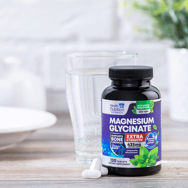 Magnesium Glycinate 425 Mg with Calcium - Natural, High Absorption Magnesium Tablets Chelated for Muscle, Nerve, Bone & Heart Health Support - Non-Gmo, Gluten Free, Vegan Supplement - 120 Tablets