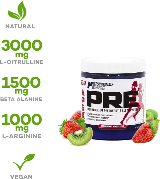 PERFORMANCE INSPIRED Nutrition - APEX Pre Workout Powder - Increase Energy & Endurance - Caffeine - Beta Alanine - All Natural - Vegan Formula - Strawberry Kiwi