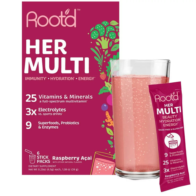 Root'D - Her Multi - Essential Multivitamin + Sugar-Free Electrolytes for Women - 6 Effervesant Drink Mix Packets