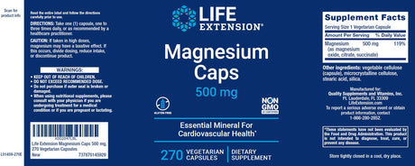 Life Extension Magnesium Caps 500Mg, 270 Vegetarian Capsules