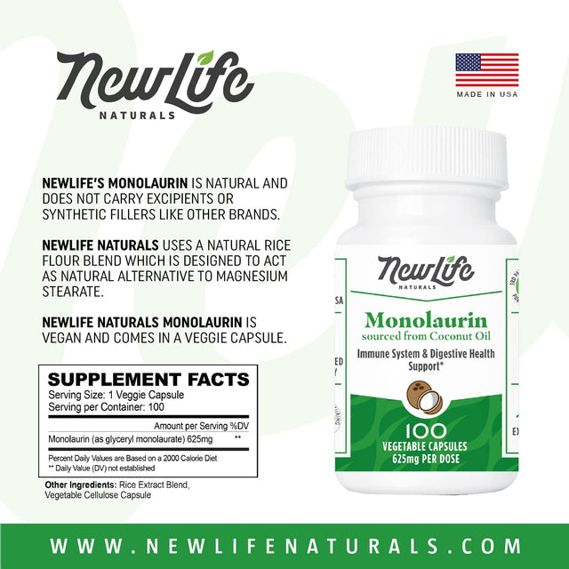 Newlife Naturals Monolaraurin Dietary Supplement - 625Mg Monolaurin Lauric Acid for Immune System and Digestive Health - 100 Vegetable Capsules