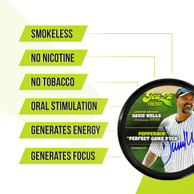 TEAZA HERBAL ENERGY POUCH 4 Peppermint Pucks & Bonus Authentically Signed David Wells Limited Edition Peppermint Puck - Nicotine and Caffeine Free Energy Boost Dip Pouches