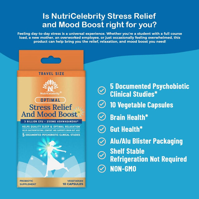 Nutricelebrity Optimal Stress Relief and Mood Boost Supplement Travel Size, Helps Support Restful Sleep, Relaxation, Comfort with Ashwagandha KSM-66 and Cerebiome Probiotic Blend 10 Vegetable Capsules