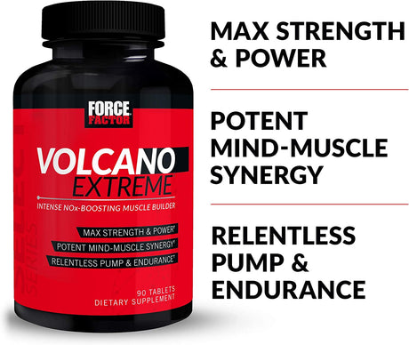 Force Factor Volcano Extreme Pre Workout Nitric Oxide Booster Supplement for Men with Creatine, L-Citrulline,And Huperzine a for Better Muscle Pumps, Strength, Focus, Workout Performance, 90 Tablets