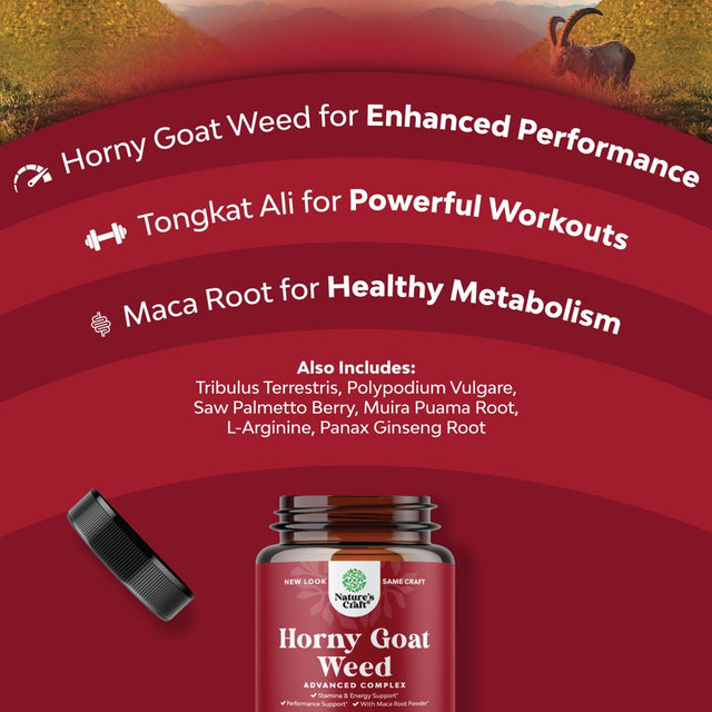 Horny Goat Weed for Male Enhancement - Extra Strength Horny Goat Weed for Men 1590Mg per Serving Complex with Tongkat Ali Saw Palmetto Extract Panax Ginseng and Black Maca Root for Stamina & Energy