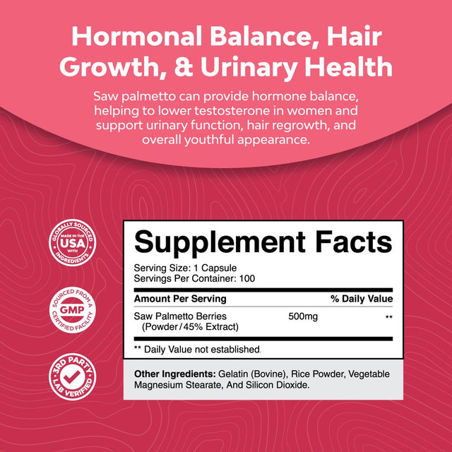 Saw Palmetto 500Mg per Serving for Women 100Ct Capsules - Nature'S Craft Pure Saw Palmetto Extract for Hair Loss Support