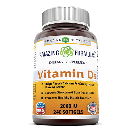 Amazing Nutrition Amazing Formulas Vitamin D3- 2,000 IU, 240 Softgels- Important Vitamin for Optimal Body Function- Supports Bone Health, Cardiovascular Health, Kidney Function and Over-All Well-Being