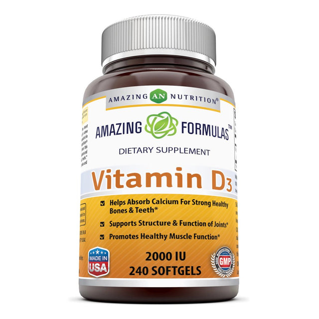 Amazing Nutrition Amazing Formulas Vitamin D3- 2,000 IU, 240 Softgels- Important Vitamin for Optimal Body Function- Supports Bone Health, Cardiovascular Health, Kidney Function and Over-All Well-Being