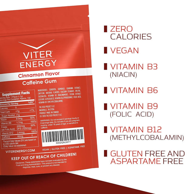 Viter Energy Caffeine Gum Cinnamon Flavor 6 Pack and 1/2 Pound Bulk Bag Bundle - 60Mg Caffeine, B Vitamins, Guarana, Sugar Free, Vegan, Chewing Gum, Powerful Energy Booster for Focus and Alertness