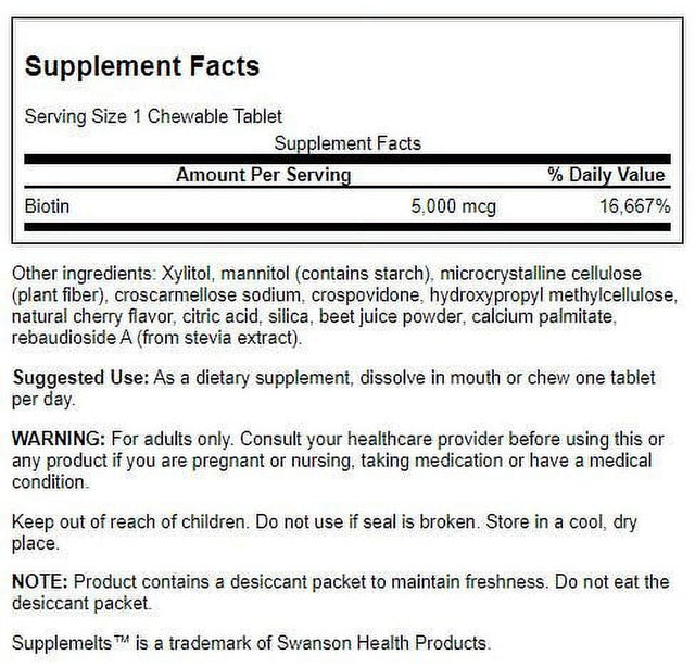 Swanson Supplemelts Biotin 5,000 Mcg 60 Chewable Tablets