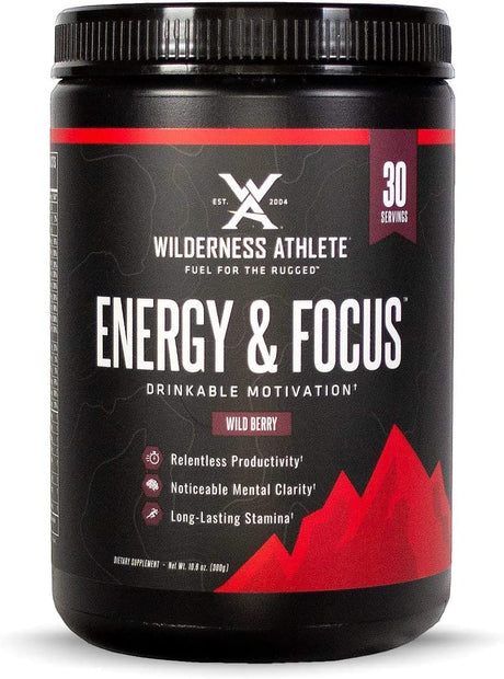 Wilderness Athlete - Energy & Focus | Energy Pre Workout for Women & Men - Energy Powder Drink Mix with Natural Caffeine - Low-Carb, Zero Sugar Workout Powder - 30 Serving Tub (Wild Berry)