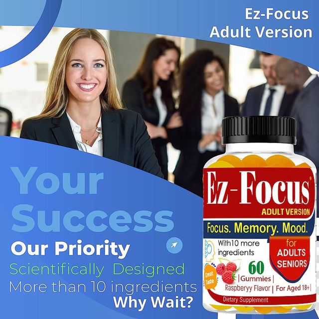 Ez-Focus Brain Booster Gummies for Adults & Seniors, Brain Focus Chewable, Focus, Memory, Mood Nootropics Brain Support 60 Count