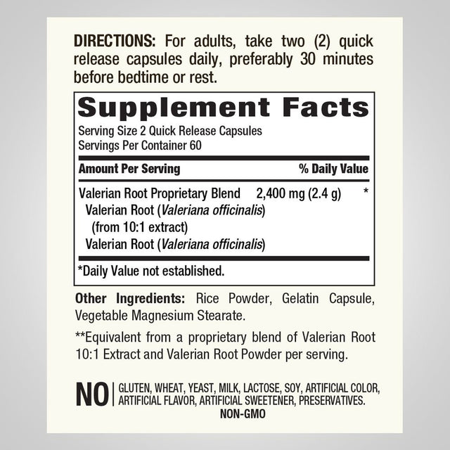 Valerian Root Capsules 1,200 Mg | 120 Count | Non-Gmo, Gluten Free | by Piping Rock