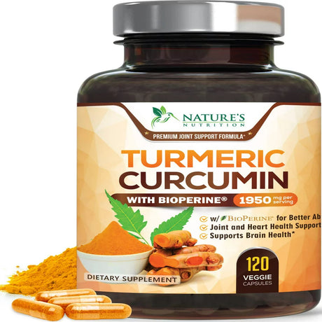 Turmeric Curcumin with Bioperine 95% Standardized Curcuminoids 1950Mg - Black Pepper for Max Absorption, Joint Support, Nature'S Tumeric Supplement, Vegan Herbal Extract, Non-Gmo, 120 Capsules