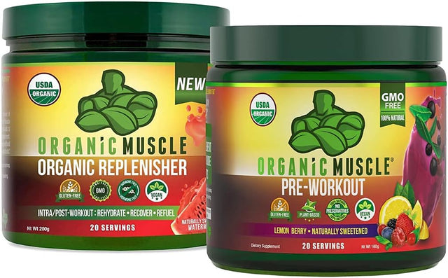 Organic Muscle Bundle - Pre-Workout Powder for Energy (Lemon Berry) + Replenisher for Hydration (Watermelon) - USDA Certified Organic