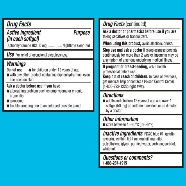 Equate Maximum Strength Diphenhydramine Hcl Sleep Support Softgels, 50 Mg, 100 Count