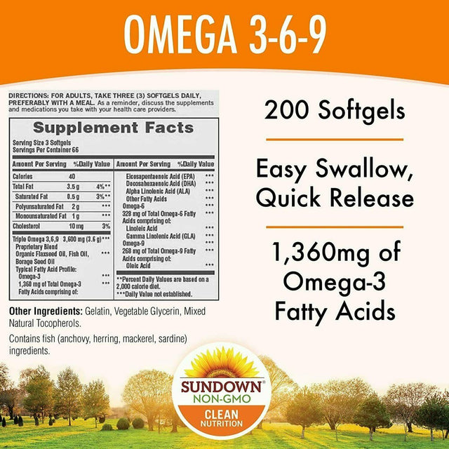 Sundown Naturals Triple Omega 3-6-9, Supports Heart Health, 200 Soft Gels, 1 Pack