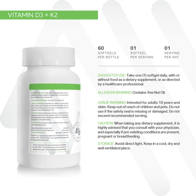 Anew Vita Vitamin D3 + K2 W/ Organic Coconut Oil | Bone Health | Supports Circulatory System | Calcium Balance | Plant Based | Non - GMO | Gluten Free | 60 Softgels | Made in USA