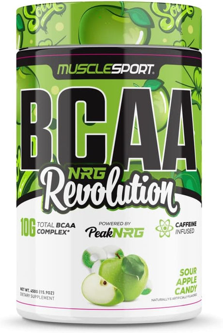 Musclesport BCAA NRG Amino Acid Energy Powder Supplement for Men & Women - Intra Workout Training Complex with Glutamine and Electrolytes for Recovery, Endurance(Sour Apple Candy)