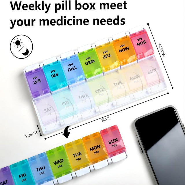 Sukuos 7 Day Weekly Pill Organizer with 2 Times a Day Compartment - AM PM, Pill Holder, Daily Pill Box Planner for Pills, Vitamins, Fish Oil, Supplements, Large with Moisture Proof, Rainbow