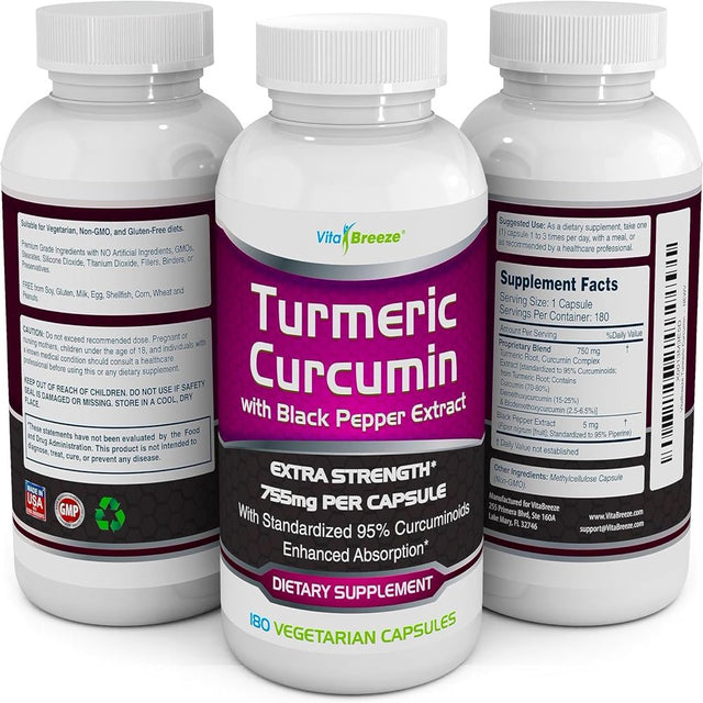 Turmeric Curcumin Complex with Black Pepper Extract - 755Mg per Capsule, 180 Veg. Caps - Contains Piperine (For Superior Absorption and Tumeric Bio-Availability) and 95% Standardized Curcuminoids