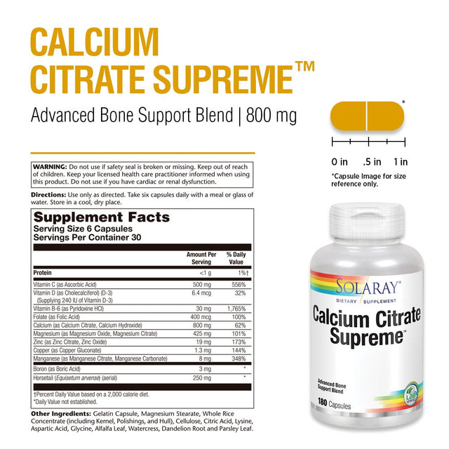 Solaray Calcium Citrate Supreme 800Mg Advanced Bone Support Blend | Gentle Digestion Formula | 30 Servings | 180 Vegcaps