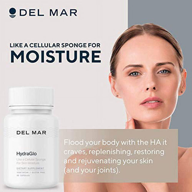 Del Mar Labs Hydraglo - Dietary Hyaluronic Acid Supplement - Aging and Joint Health Support - Helps Restore Smooth, Supple Skin - 60 Veggie Capsules